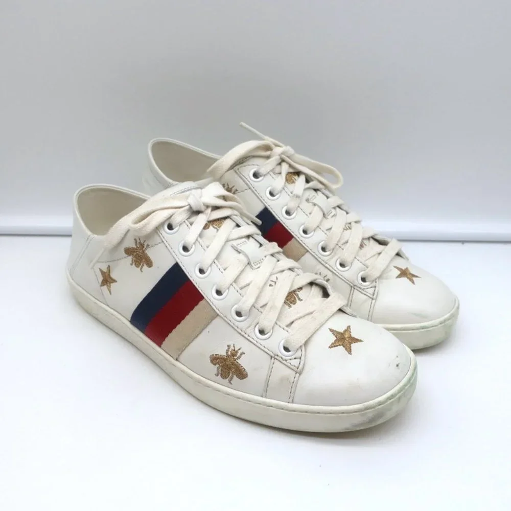 GUCCI ACE BEES & STARS EMBROIDERED SNEAKERS WHITE LEATHER SIZE 35.5 (Runs Large) - Picture 3 of 12
